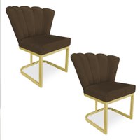 Kit 02 Poltronas Flor Veludo Marrom Base Metálica Industrial Dourado - Pallazio