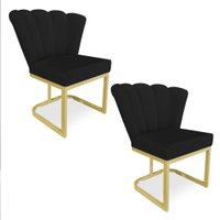 Kit 02 Poltronas Flor Veludo Preto Base Metálica Industrial Dourado - Pallazio