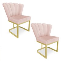 Kit 02 Poltronas Flor Veludo Rosa Bebê Base Metálica Industrial Dourado - Pallazio