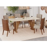 Conjunto Mesa De Jantar Henn Adriana Tampo De Vidro Com 6 Cadeiras Nature/Off/Caramelo/Creme