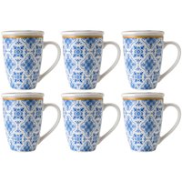 Conjunto 6 Canecas de Porcelana para Chá 310ml com Tampa e Filtro Inox Lisboa Lyor Azul