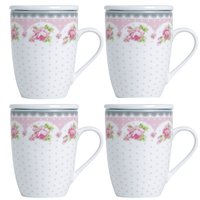 4 Canecas de Porcelana para Chá 310ml com Tampa e Filtro Inox Infusoor Lyor Rosa