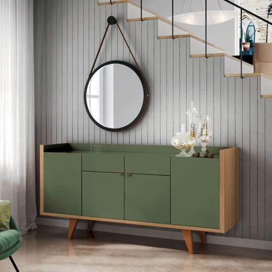 Balcão Buffet HB Móveis Melodia 4 Portas C/ 2 Gavetas - Verde Pistache/Freijo
