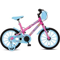 Bicicleta Infantil Aurora Fest Colli Aro 16 Com Freios V-Brake Rodas de Apoio e Cestinha Azul Champanhe/Rosa