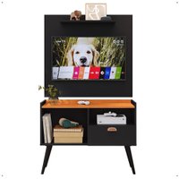 Kit Sala Estar Completa Painel Tv 32" Prateleira Suspensa Rack Retrô 1 Porta Puxador Concha Preto/Cinamomo - Lojas RPM