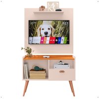 Kit Sala Estar Completa Painel Tv 32" Prateleira Suspensa Rack Retrô 1 Porta Puxador Concha Off White/Cinamomo - RPM