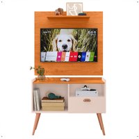 Kit Sala Estar Completa Painel Tv 32" Prateleira Suspensa Rack Retrô 1 Porta Puxador Concha Cinamomo/Off White - RPM