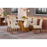 Sala de Jantar Completa Epic Tampo Madeirado c/ Vidro 160x90cm e 6 Cadeiras Vita Nature/Veludo Light Linho - Henn