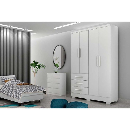 Guarda Roupa Solteiro 4 Portas e 3 Gavetas c/Espelho e Pés Encanto Branco - Novo Horizonte