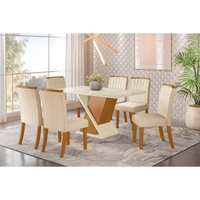 Sala de Jantar Completa Solus Tampo Madeirado c/ Vidro Curvo 160x90cm e 6 Cadeiras Tauá Nature/Veludo Light Linho - Henn