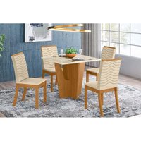 Sala de Jantar Completa Vértice Tampo Madeirado c/ Vidro 90x90cm e 4 Cadeiras Isa Nature/Veludo Light Linho - Henn
