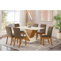 Sala de Jantar Completa Solus c/ Tampo Madeirado 160x90cm e 6 Cadeiras Isa Nature/Veludo Light Bege Vanilla - Henn