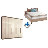 Cama Box Casal + Colchão King Best + Guarda Roupa Master Vip 8.4 Castanha/Off White