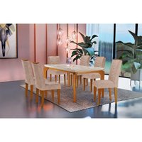 Conjunto: Mesa Sala Jantar Londrina c/ Tampo Madeirado c/ Vidro 180cm + 6 Cadeiras Londrina Imbuia/Bege - Rufato