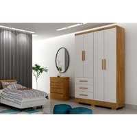 Guarda Roupa Solteiro 4 Portas e 3 Gavetas c/Espelho e Pés Encanto Freijo Cumaru c/ Fendi - Novo Horizonte