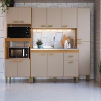 Cozinha Modulada Compacta Fidelitá Mariana 4 Peças 220cm 12 Portas 1 Gaveta Sem Tampo Freijó/Camurça