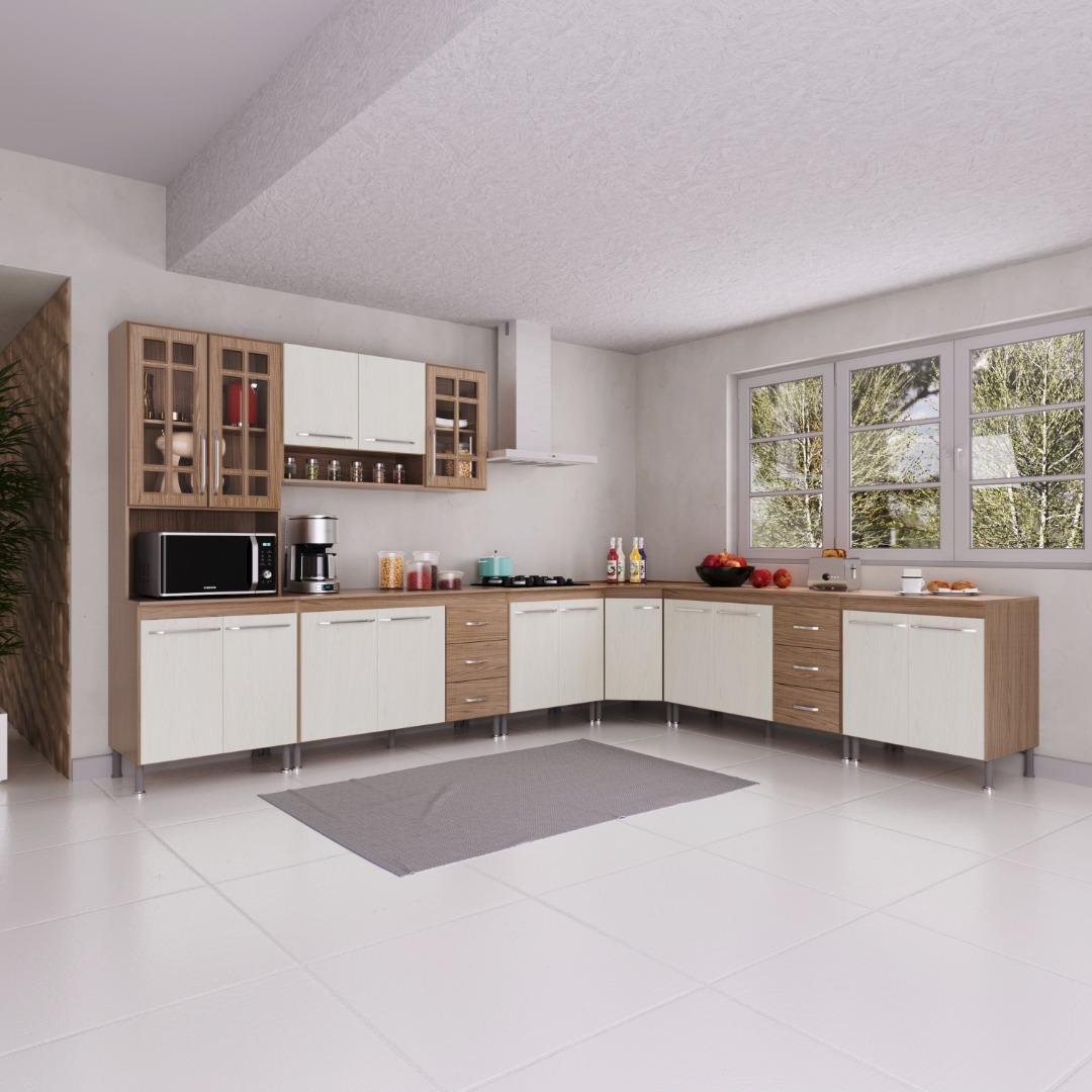 Cozinha Modulada Completa Fidelitá Paris 7 Peças 600cm 16 Portas 6 Gavetas Com Tampo Nogal/Salinas