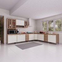 Cozinha Modulada Completa Fidelitá Paris 7 Peças 600cm 16 Portas 6 Gavetas Com Tampo Nogal/Salinas