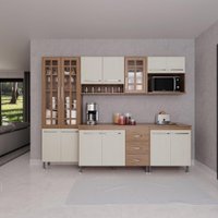 Cozinha Modulada Completa Fidelitá Paris 5 Peças 260cm 13 Portas 3 Gavetas Com Tampo Nogal/Salinas