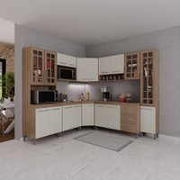Cozinha Modulada Completa Fidelitá Paris 8 Peças 445cm 18 Portas Com 3 Gavetas Com Tampo Nogal/Salinas