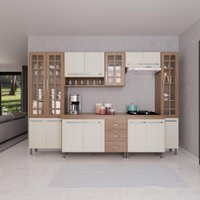 Cozinha Modulada Completa Fidelitá Paris 6 Peças 295cm 15 Portas Com 3 Gavetas Com Tampo Nogal/Salinas
