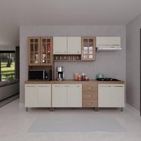 Cozinha Modulada Completa Fidelitá Paris 5 Peças 260cm Com 13 Portas 3 Gavetas Com Tampo Nogal/Salinas