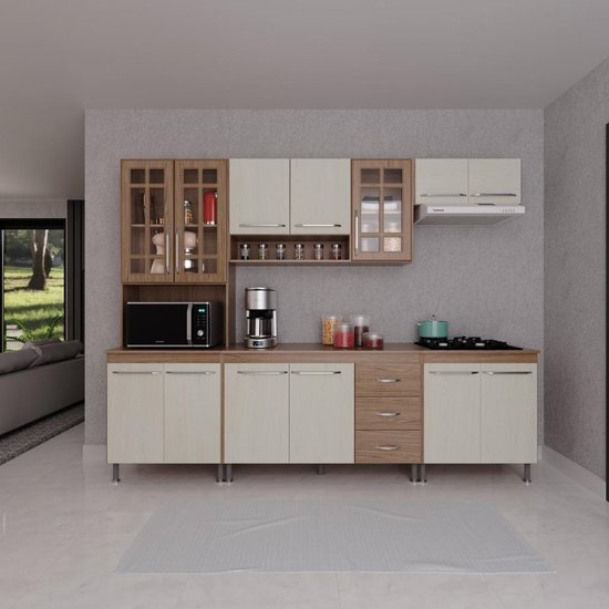 Cozinha Modulada Completa Fidelitá Paris 5 Peças 260cm Com 13 Portas 3 Gavetas Com Tampo Nogal/Salinas