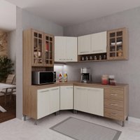 Cozinha Modulada Completa Fidelitá Paris 5 Peças 340cm 12 Portas 3 Gavetas Com Tampo Nogal/Salinas