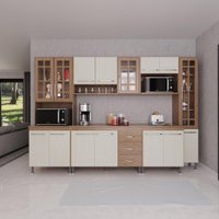 Cozinha Modulada Completa Fidelitá Paris 6 Peças 295cm Com 15 Portas 3 Gavetas Com Tampo Nogal/Salinas