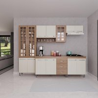 Cozinha Modulada Completa Fidelitá Paris 5 Peças 260cm 13 Portas Com 3 Gavetas Com Tampo Nogal/Salinas