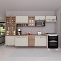 Cozinha Modulada Completa Fidelitá Paris 6 Peças 330cm 15 Portas 3 Gavetas Com Tampo Nogal/Salinas