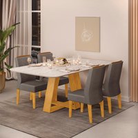 Conjunto Sala de Jantar 4 Cadeiras Tampo Sem Vidro 170x90 DJ Móveis Kiara Cedro Quartzo Lidia Veludo Lunar