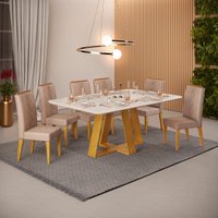 Conjunto Sala de Jantar 6 Cadeiras Tampo Sem Vidro 170x90 DJ Móveis Kiara Cedro Quartzo Yasmin Veludo Kraft