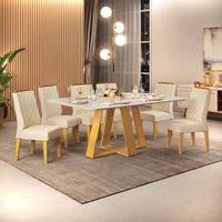 Conjunto Sala de Jantar 6 Cadeiras Tampo Sem Vidro 170x90 DJ Móveis Kiara Cedro Quartzo Lidia Linho Neve