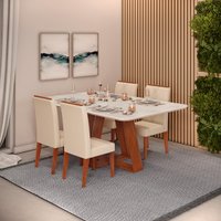 Conjunto Sala de Jantar 4 Cadeiras Tampo Sem Vidro 170x90 DJ Móveis Kiara Freijó Quartzo Yasmin Linho Neve