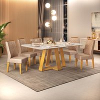 Conjunto Sala de Jantar 6 Cadeiras Tampo Sem Vidro 170x90 DJ Móveis Kiara Cedro Quartzo Lidia Veludo Kraft