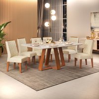 Conjunto Sala de Jantar 6 Cadeiras Tampo Sem Vidro 170x90 DJ Móveis Kiara Freijó Quartzo Lidia Linho Neve