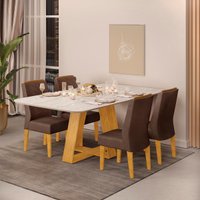 Conjunto Sala de Jantar 4 Cadeiras Tampo Sem Vidro 170x90 DJ Móveis Kiara Cedro Quartzo Lidia Veludo Moca