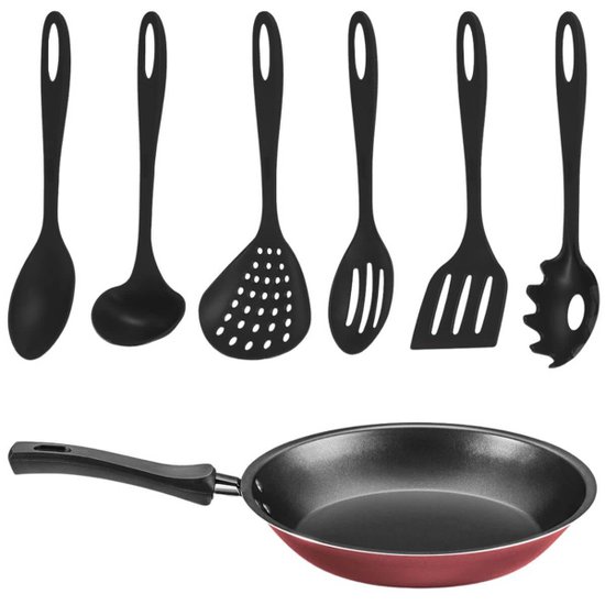 Kit Frigideira Antiaderente 700ml e Jogo de Utensílios 6 Peças Utily em Nylon Superflon Ultra Cristal MTA Cereja