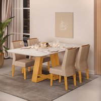 Conjunto Sala de Jantar Com 4 Cadeiras Tampo Sem Vidro 170x90 DJ Móveis Kiara Cedro Quartzo Lidia Veludo Kraft