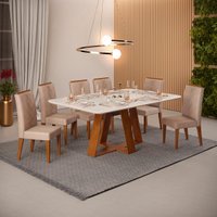 Conjunto Sala de Jantar Com 6 Cadeiras Tampo Sem Vidro 170x90 DJ Móveis Kiara Freijó Quartzo Yasmin Veludo Kraft