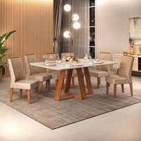 Conjunto Sala de Jantar Com 6 Cadeiras Tampo Sem Vidro 170x90 DJ Móveis Kiara Freijó Quartzo Lidia Veludo Kraft