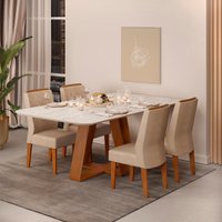 Conjunto Sala de Jantar Com 4 Cadeiras Tampo Sem Vidro 170x90 DJ Móveis Kiara Freijó Quartzo Lidia Veludo Kraft
