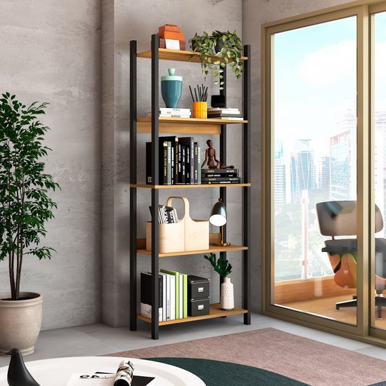 Estante p/ Livros Nobre 5 Prateleiras Estilo Industrial Freijó/Black - Panorama Móveis