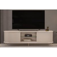 Rack Bancada p/TV até 75 Pol Atlas 100% MDF c/ Ripado e Pés 218x62cm Off White - DJ Móveis