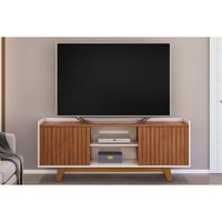 Rack Bancada p/TV até 60 Polegadas Flat Ripado c/ Nichos e Pés 150x60cm Freijó/Off White - DJ Móveis
