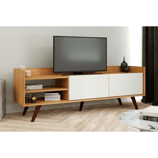 Rack Bancada p/TV até 55 Pol RT3110 c/ Nichos e Pés 160cm Mel/Off White - Movelbento
