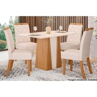 Sala de Jantar Completa Orus Tampo Madeirado c/ Vidro 120x80cm e 4 Cadeiras Bella Nature/Veludo Light Linho - Henn