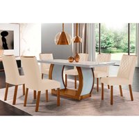 Sala de Jantar Completa Jade Tampo Madeirado c/ Vidro Curvo 180x90 e 6 Cadeiras Jade Imbuia/Veludo Creme/Pérola - Rufato