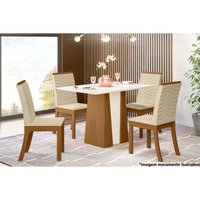 Sala de Jantar Completa Orus Tampo Madeirado c/ Vidro 120x80cm e 4 Cadeiras Isa Nature/Veludo Light Linho - Henn